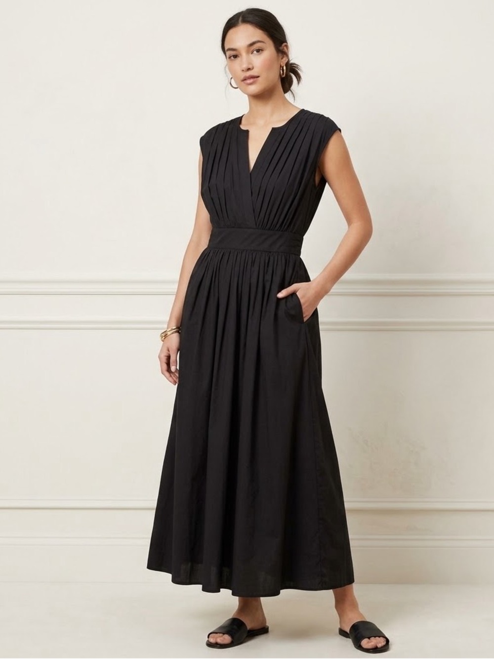 NWT Banana Republic Women’s Small Black Cotton Woven V-Neck Pocket Maxi Dress S